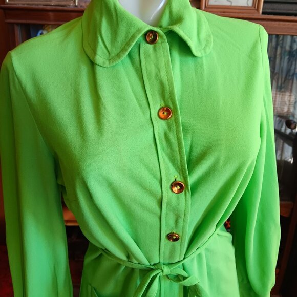 Medium Vintage 70's Lime Green Mod Button-Up Long Sleeve Blouse - Picture 1 of 7